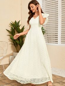Butterfly Sleeve Lace A-line Dress - Beige - View 3