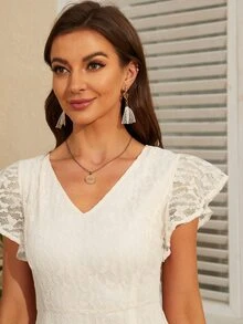 Butterfly Sleeve Lace A-line Dress - Beige - View 4