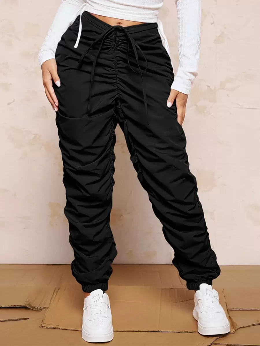 SHEIN SXY Pantalones Apilados Con Cintura Con Cordón De Primavera - Negro - Ver 1