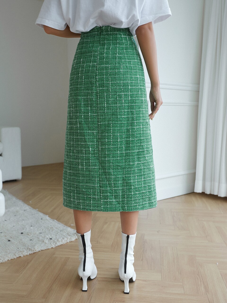 High Waist Plaid Split Hem Tweed Skirt