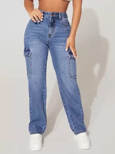 SHEIN PETITE Damfickor Casual Jeans med raka ben, Jeans med breda ben för kvinnor, hög midja, baggy jeans med raka ben, Y2K
