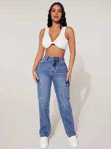 SHEIN PETITE 女式工装口袋直筒休闲牛仔裤，女式阔腿牛仔裤，高腰宽松直筒牛仔裤，Y2K - 淺色水洗藍 - 查看 4