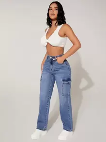 SHEIN PETITE 女式工装口袋直筒休闲牛仔裤，女式阔腿牛仔裤，高腰宽松直筒牛仔裤，Y2K - 淺色水洗藍 - 查看 5