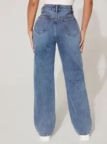 SHEIN PETITE 鏤空破洞抽鬚直筒牛仔褲 - 淺色水洗藍 - 查看 2