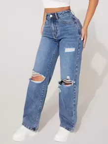 SHEIN PETITE 鏤空破洞抽鬚直筒牛仔褲 - 淺色水洗藍 - 查看 4