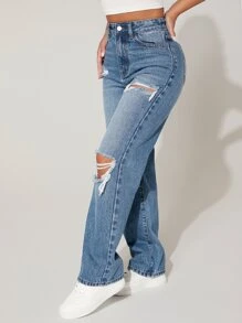 SHEIN PETITE High Waist Cut Out Ripped Frayed Straight Leg Jeans - Medium Wash - View 2