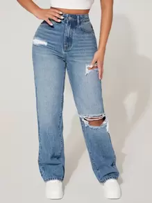 SHEIN PETITE High Waist Cut Out Ripped Frayed Straight Leg Jeans - Medium Wash - View 4