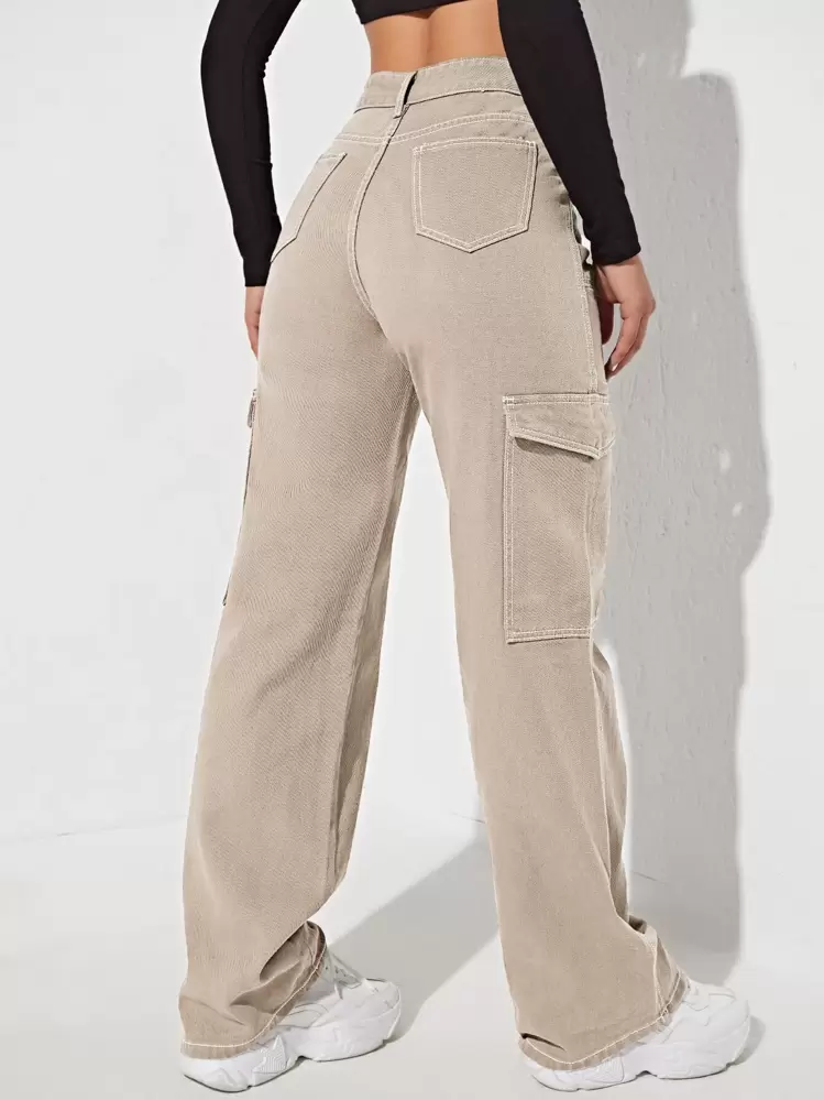 SHEIN FlexDen Damskie jeansy Guziki Kieszeń Zamek błyskawiczny Prosty - Kolor khaki - Zobacz 2