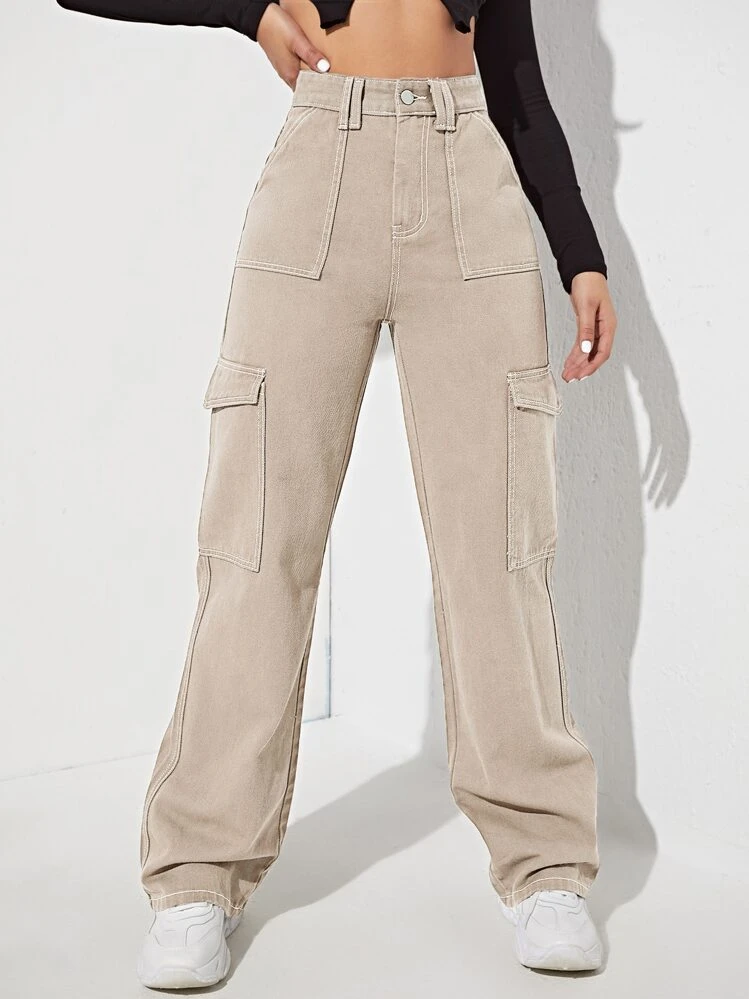 SHEIN FlexDen Damskie jeansy Guziki Kieszeń Zamek błyskawiczny Prosty - Kolor khaki - Zobacz 3