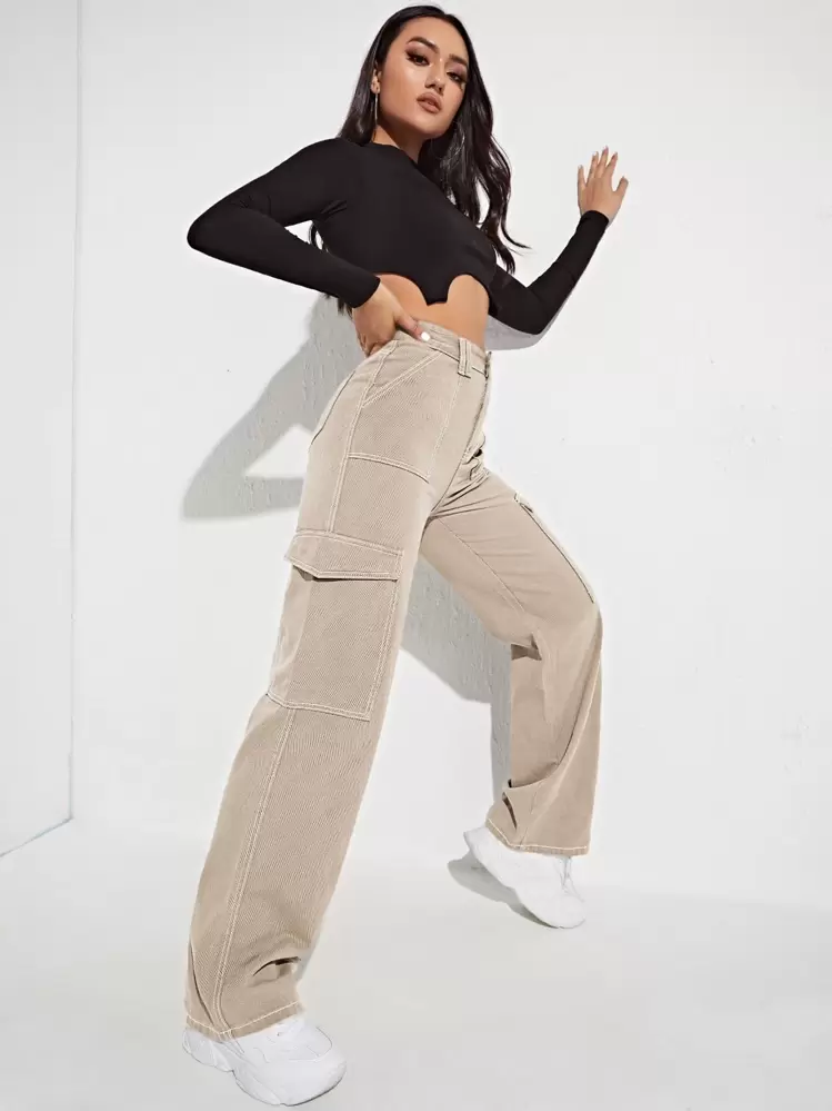 SHEIN FlexDen Damskie jeansy Guziki Kieszeń Zamek błyskawiczny Prosty - Kolor khaki - Zobacz 4