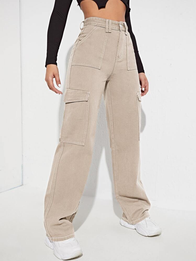 SHEIN FlexDen Damskie jeansy Guziki Kieszeń Zamek błyskawiczny Prosty - Kolor khaki - Zobacz 5