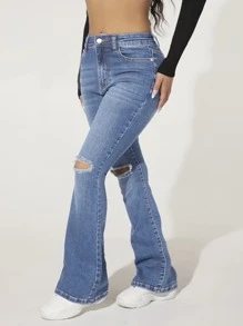 SHEIN PETITE Zipper Fly Ripped Bootcut Jeans - Light Wash - View 1