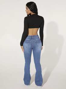 SHEIN PETITE Zipper Fly Ripped Bootcut Jeans - Light Wash - View 2