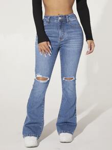 SHEIN PETITE Zipper Fly Ripped Bootcut Jeans - Light Wash - View 4