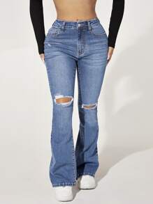 SHEIN PETITE Zipper Fly Ripped Bootcut Jeans - Light Wash - View 5