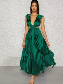 SHEIN Unity Plunge Buckle Detail Ruffle Trim Lace Up Backless Dress - Green - View 1