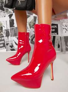 Faux Leather Side Zipper High Heel Booties - Red - View 1