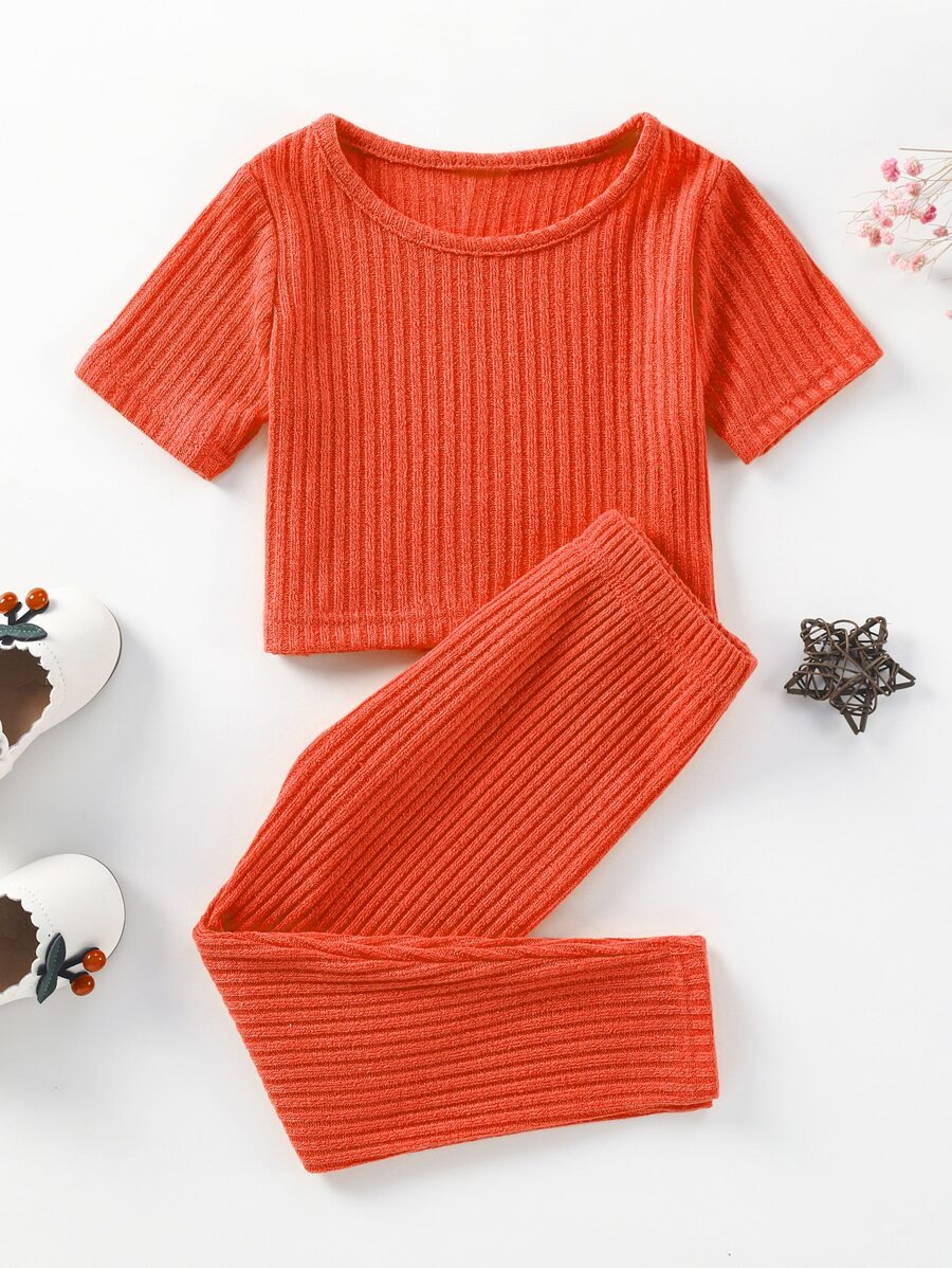 SHEIN 年輕女孩用肋紋編織的純色t卹和緊身褲 - 橘色 - 查看 1