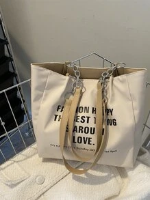 Letter Large Capacity Slogan Graphic Chain Decor Square Bag - Beige - View 1