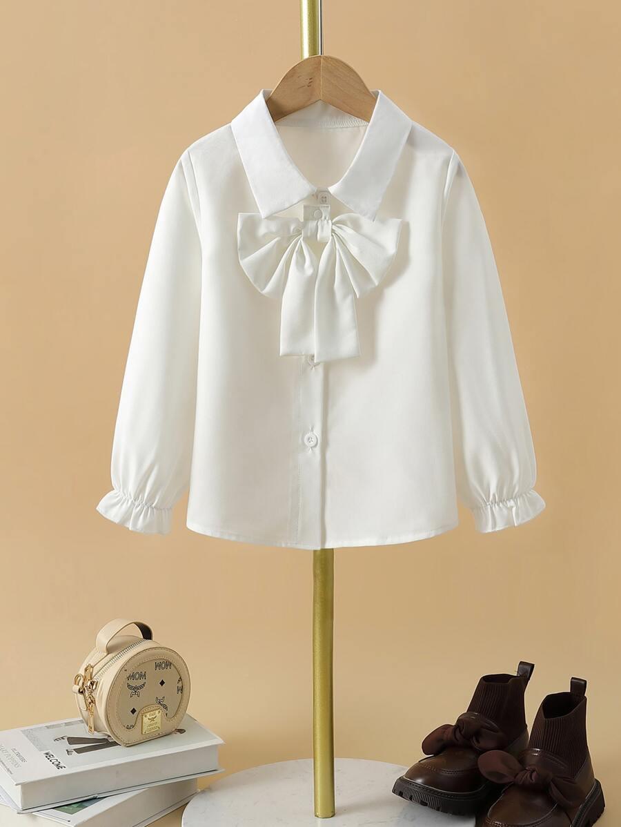 SHEIN 年輕女孩蝴蝶結前扭紋袖襯衫