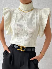 Chiquease Chaleco de punto de cuello tortuga ribete con fruncido tejido de cable - Beis - Ver 4