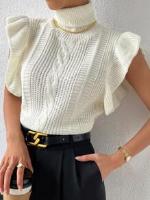 Chiquease Chaleco de punto de cuello tortuga ribete con fruncido tejido de cable - Beis - Ver 5