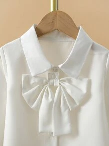 SHEIN 年輕女孩蝴蝶結前扭紋袖襯衫