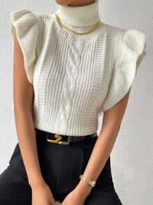 Chiquease Chaleco de punto de cuello tortuga ribete con fruncido tejido de cable - Beis - Ver 7