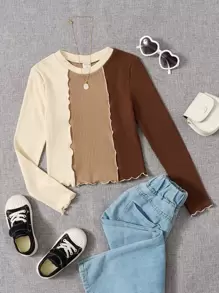 SHEIN Tops con gái Xù nhỏ Gân đan Tương phản ràng buộc Khối Màu Giải trí - Nhiều màu - Xem 1