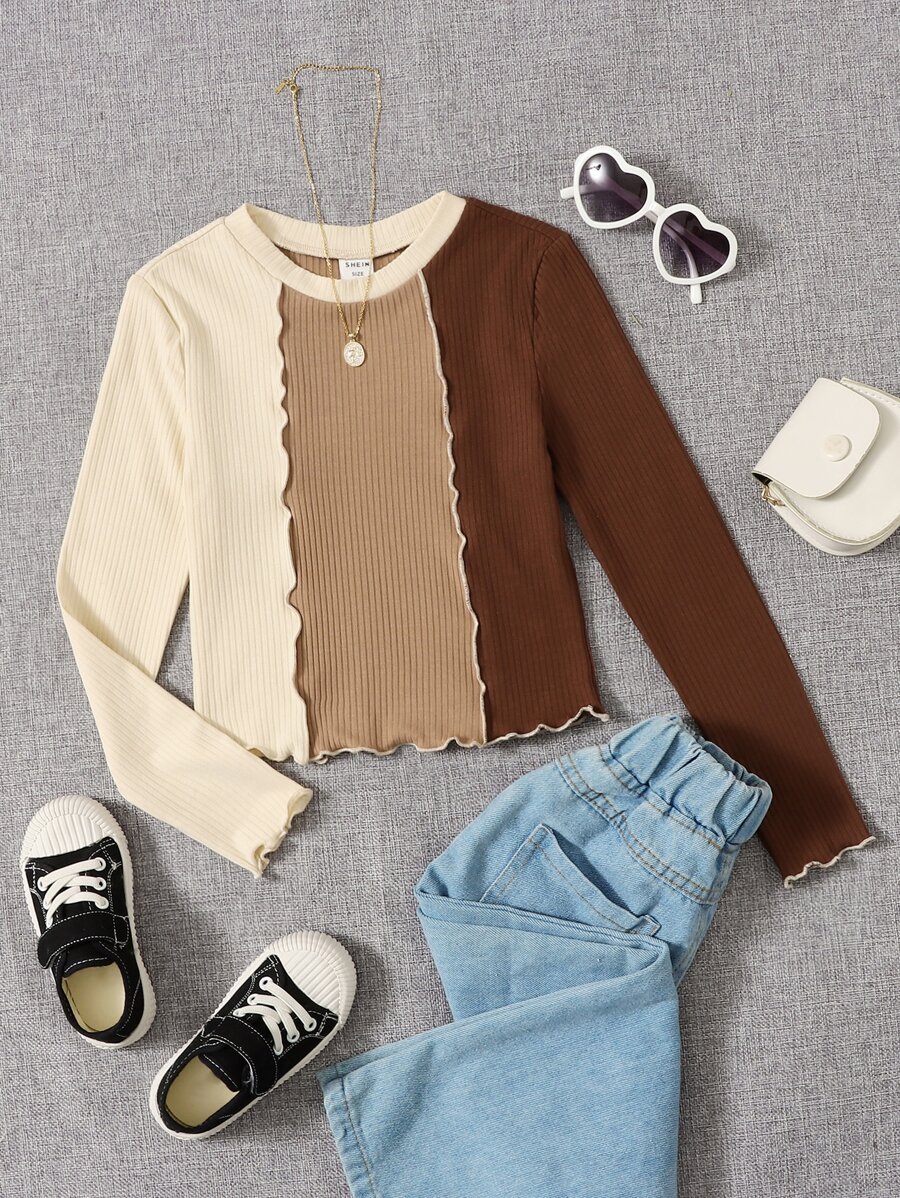 SHEIN Tops con gái Xù nhỏ Gân đan Tương phản ràng buộc Khối Màu Giải trí - Nhiều màu - Xem 1