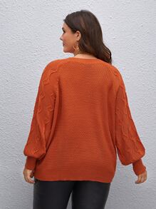 SHEIN LUNE Plus Cable Knit Raglan Sleeve Sweater Knit Pullover Fall Winter Outfit Autumn - Burnt Orange - View 2