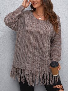 Plus Fringe Trim Drop Shoulder Sweater, For Winter Knit Pullover Fall Outfit Autumn - Mocha Brown - View 1