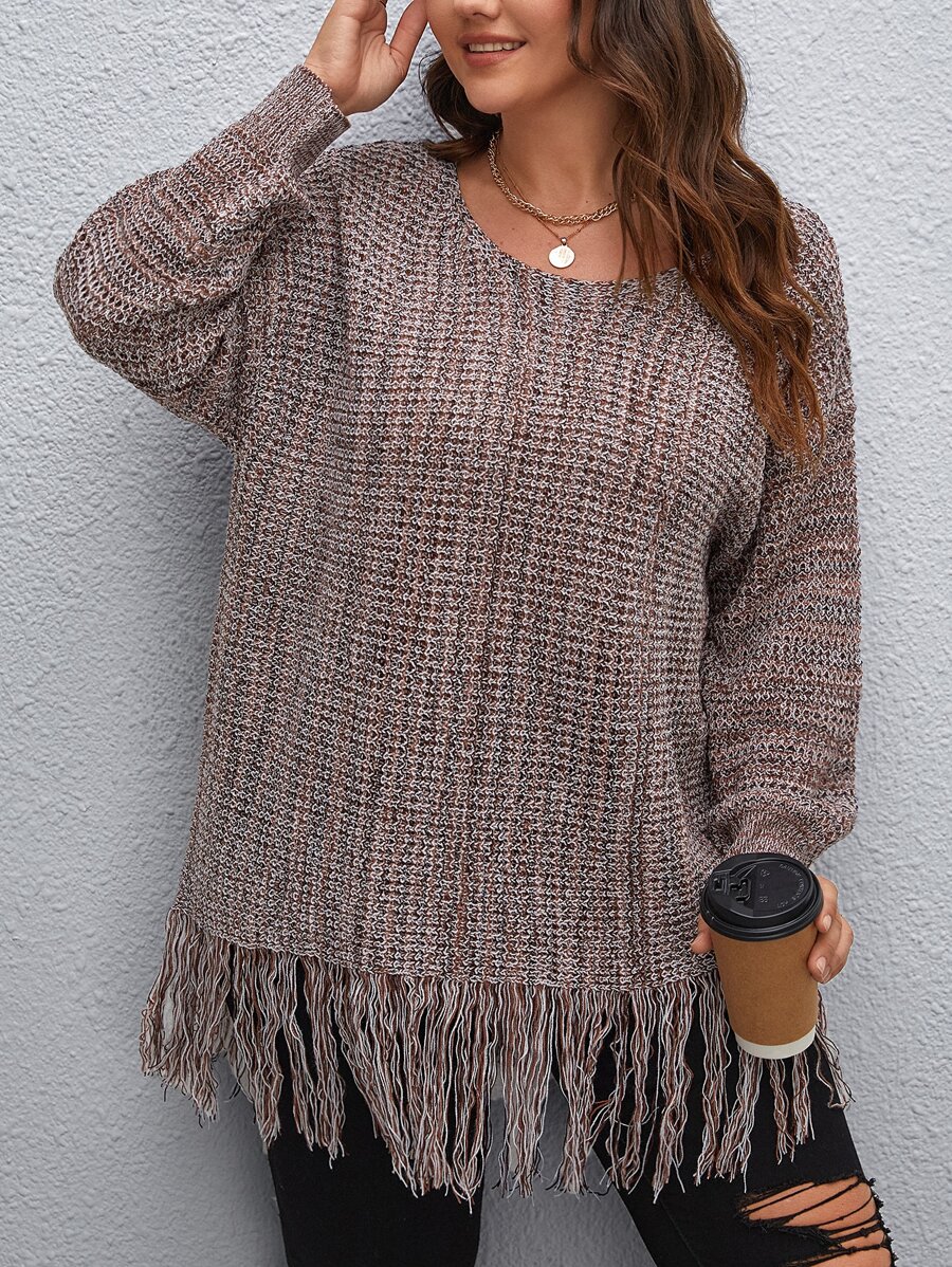 Plus Fringe Trim Drop Shoulder Sweater, For Winter Knit Pullover Fall Outfit Autumn - Mocha Brown - View 1