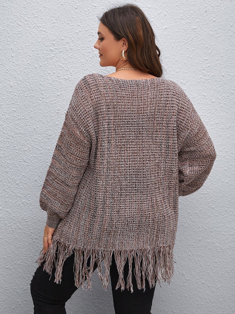 Plus Fringe Trim Drop Shoulder Sweater, For Winter Knit Pullover Fall Autumn