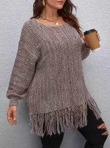 Plus Fringe Trim Drop Shoulder Sweater, For Winter Knit Pullover Fall Outfit Autumn - Mocha Brown - View 4
