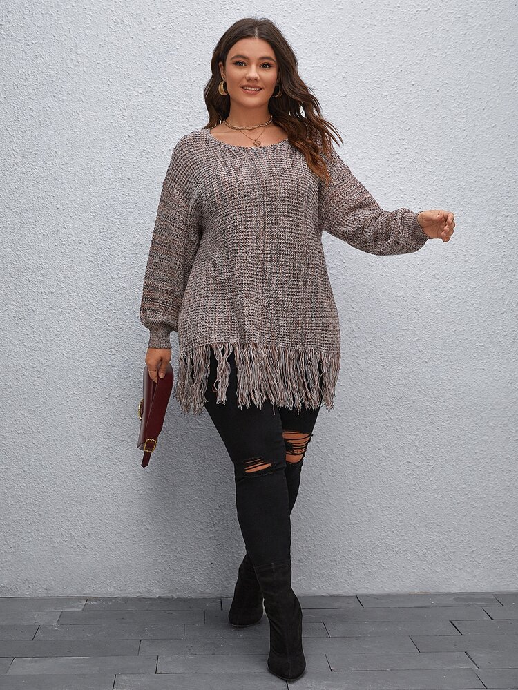 Plus Fringe Trim Drop Shoulder Sweater, For Winter Knit Pullover Fall Autumn