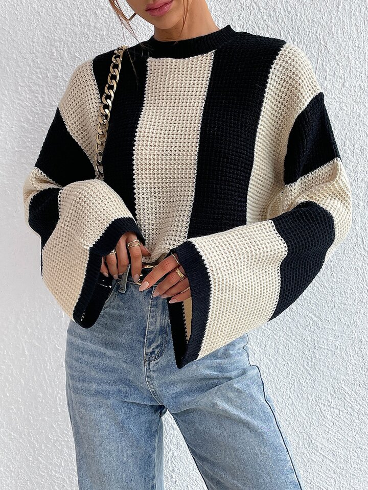 Chiquease Two Tone Drop Shoulder Sweater,Long Sleeve Tops