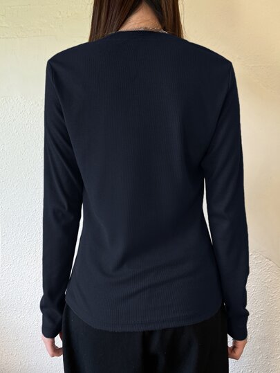 T-shirt côtelé à bouton quart, hauts à manches longues pour femmes, vêtements d'automne