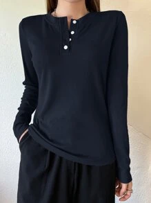 DAZY 四分之一纽扣罗纹针织 T 恤，秋季服装长袖女式上衣