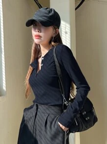 DAZY 四分之一纽扣罗纹针织 T 恤，秋季服装长袖女式上衣