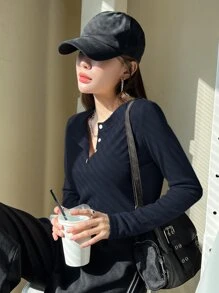 DAZY 四分之一纽扣罗纹针织 T 恤，秋季服装长袖女式上衣