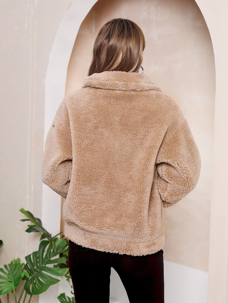 RELISH NOLESS Chaqueta casual con cremallera, cuello alto y forro de piel sintética de unicolor básico para mujer, otoño/invierno - Albaricoque - Añade 2