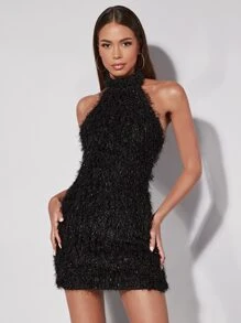 SHEIN BAE Open Back Fuzzy Halter Dress