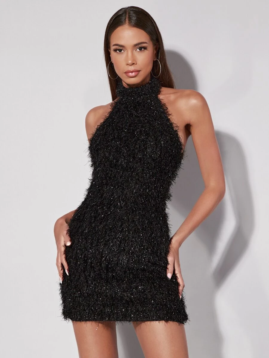 SHEIN BAE Open Back Fuzzy Halter Dress