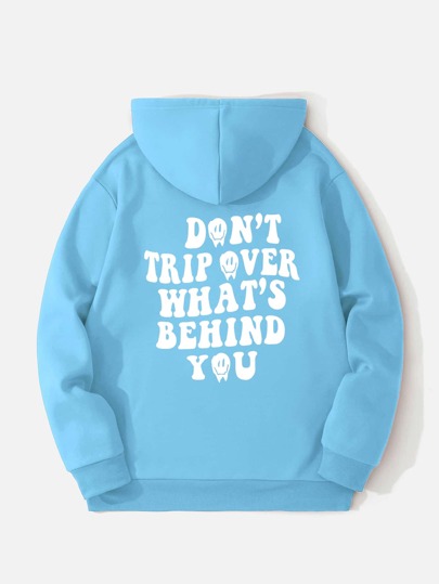 Slogan Graphic Kangaroo Pocket Thermal Lined Drawstring Hoodie
