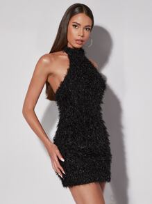 SHEIN BAE Open Back Fuzzy Halter Dress
