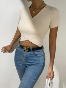 Wrap Cross Ribbed Knit Top - Beige - View 3