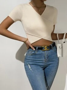 Wrap Cross Ribbed Knit Top - Beige - View 5