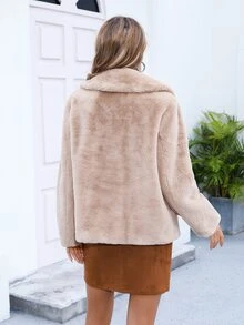 RELISH NOLESS Áo khoác giả lông nữ Túi Nút phía trước màu trơn Giải trí - Màu Khaki - Xem 2