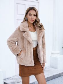 RELISH NOLESS Áo khoác giả lông nữ Túi Nút phía trước màu trơn Giải trí - Màu Khaki - Xem 3